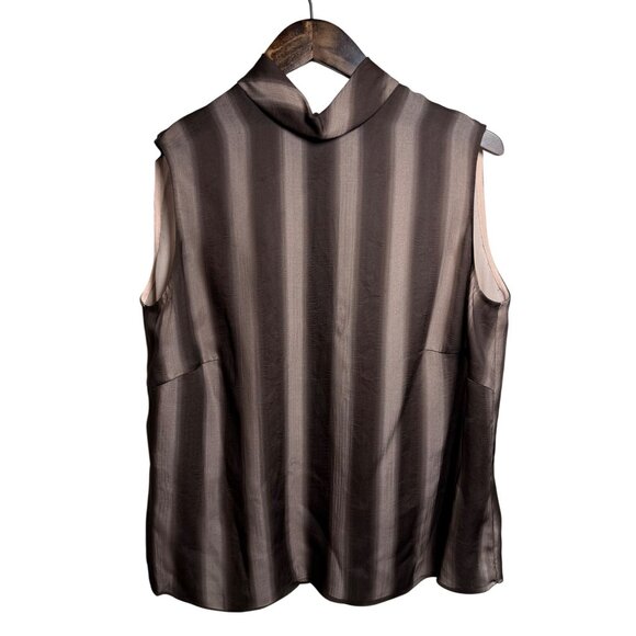 Akris Womens Button-Up Sleeveless Striped Top‎ US 16 100% Silk Brown & Beige - Picture 1 of 7
